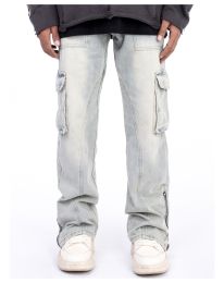 American Style Autumn And Winter Washed And Made Old Micro Elastic Jeans With Zipper Design At The Hem For Casual Pants