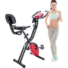 Folding Exercise Bike; Fitness Upright and Recumbent X-Bike with 10-Level Adjustable Resistance; Arm Bands and Backrest (Color: Red)